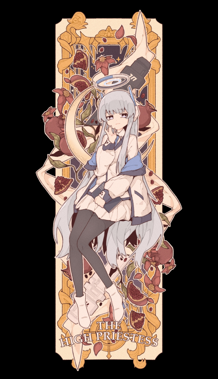 1701hbk, 1girl, black_background, black_pantyhose, blue_archive, blue_necktie, book, boots
