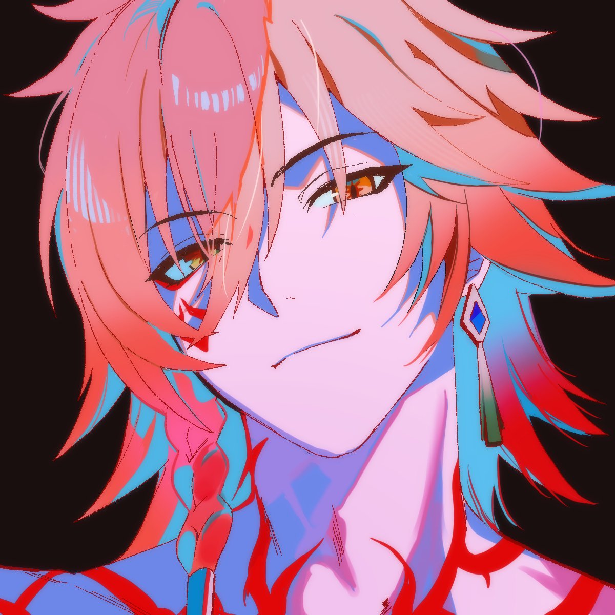 1boy, black_background, blonde_hair, braid, commentary_request, earrings, facial_tattoo, gold_earrings