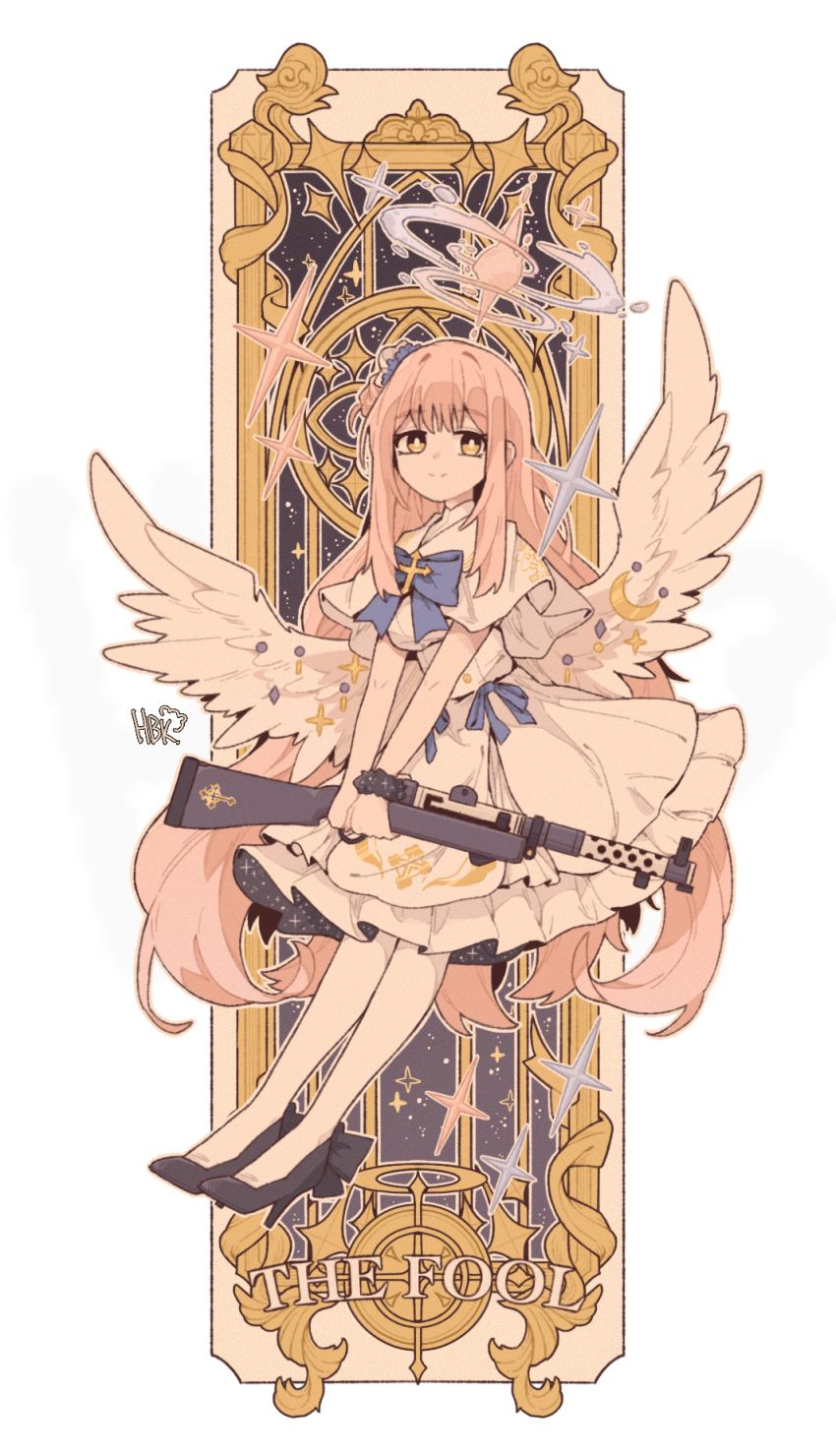 1701hbk, 1girl, angel_wings, black_shoes, blue_archive, capelet, card_(medium), chinese_commentary