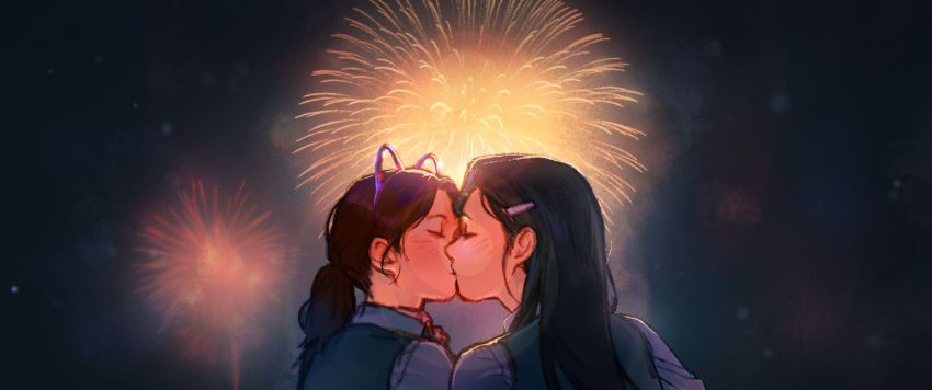 2girls, animal_ear_hairband, animal_ears, cat_ears, closed_eyes, commentary_request, fake_animal_ears, fireworks, friendly_rivalry, hairband, highres, kiss, korean_commentary, long_hair, multiple_girls, ponytail, sonyeon_ssi, woo_seul-gi, yoo_je-i, yuri