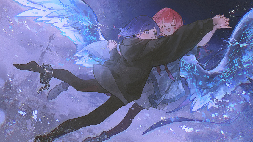 2girls, :d, arm_up, black_hoodie, black_pantyhose, blue_background, blue_eyes, blue_hair