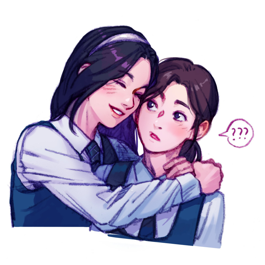 !, 2girls, ?, ??, black_hair, blush, closed_eyes, commentary_request