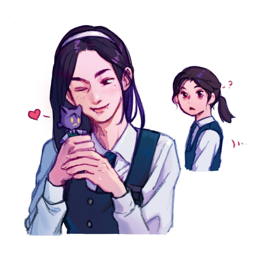 2girls, black_eyes, black_hair, collared_shirt, commentary, cropped_torso, doll, friendly_rivalry
