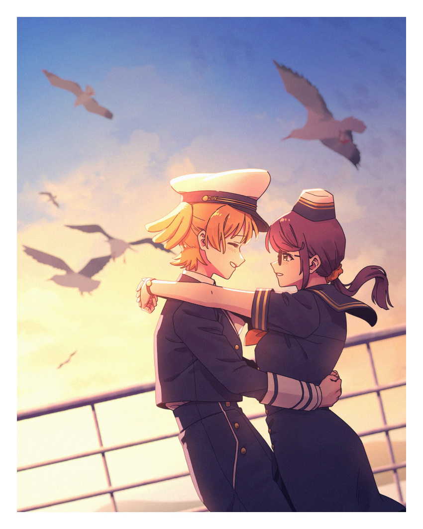 2girls, absurdres, animal, bird, black-framed_eyewear, blonde_hair, blue_dress, blue_hat