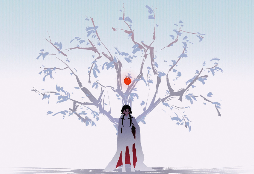 1boy, apple, apple_tree, armor, blue_background, boots, cloak, commentary