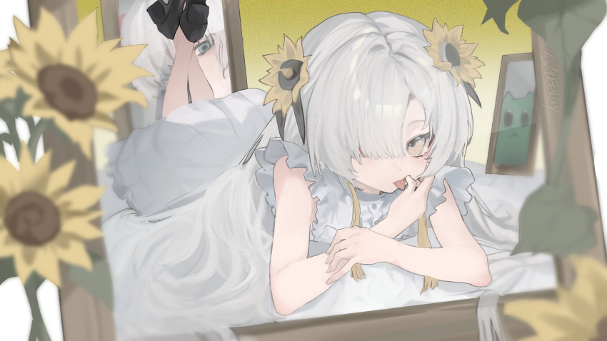 1girl, :p, bare_shoulders, blonde_hair, commentary_request, dress, flower, gomidasu_(kamitsubaki_studio), grey_hair, hair_flower, hair_ornament, hair_over_one_eye, highres, isekaijoucho, kamitsubaki_studio, long_hair, looking_at_viewer, lying, multicolored_hair, on_stomach, solo, sunflower, tengtiaoweile, tongue, tongue_out, two-tone_hair, virtual_youtuber, white_dress, white_eyes