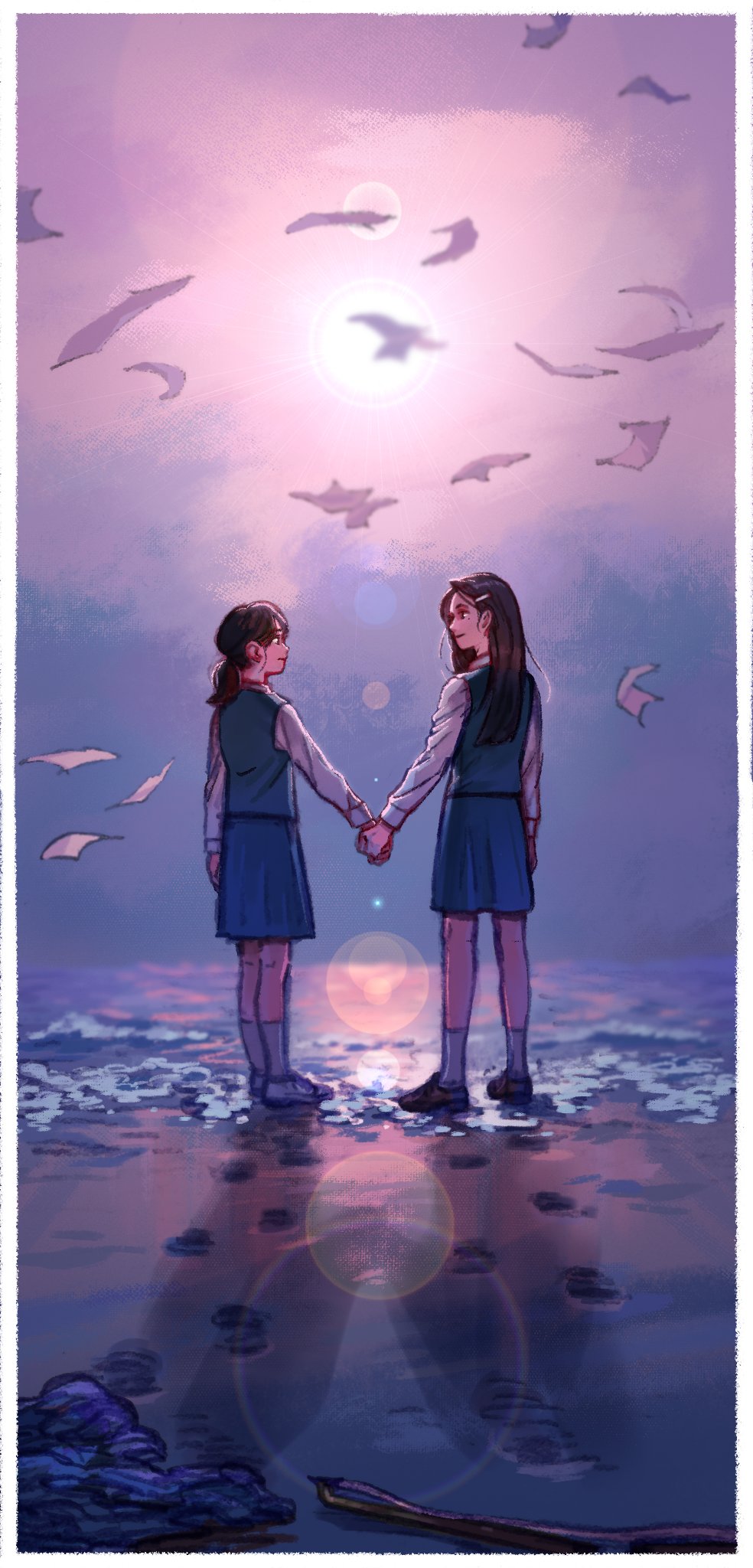 2girls, bird, black_hair, border, bow_(music), commentary_request, footprints, friendly_rivalry