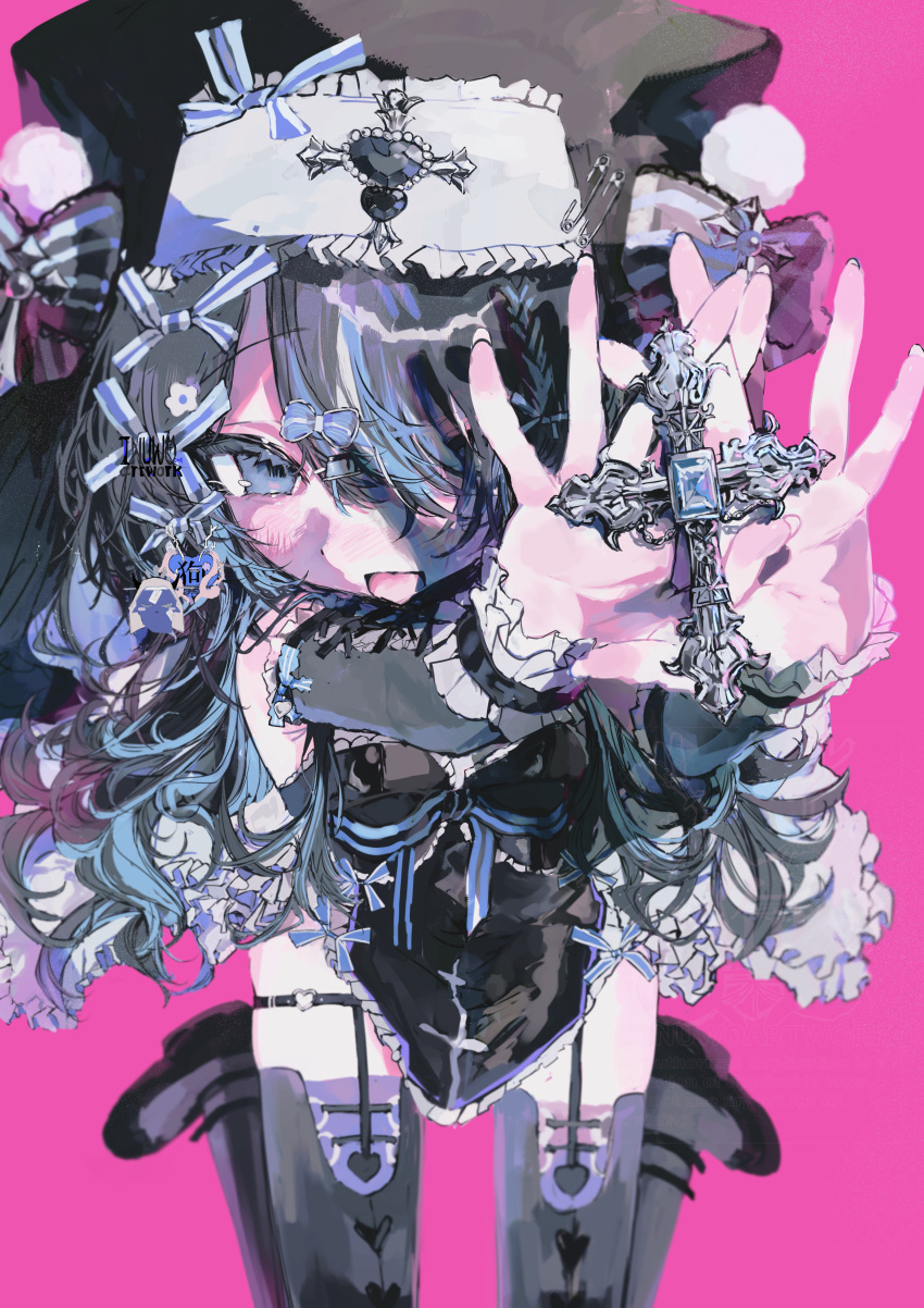 1girl, absurdres, black_dress, black_hair, black_thighhighs, blue_eyes, blue_hair, blush