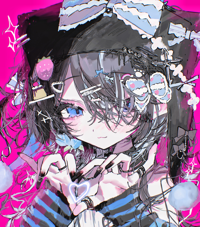 1girl, :3, absurdres, animal_hat, black_hair, black_nails, blue_bow, blue_eyes