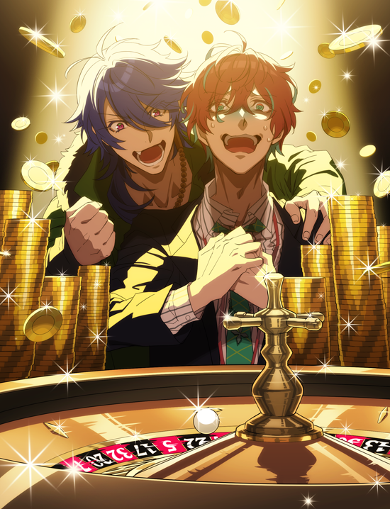 2boys, :d, adam's_apple, ahoge, antenna_hair, arisugawa_dice, bags_under_eyes, behind_another