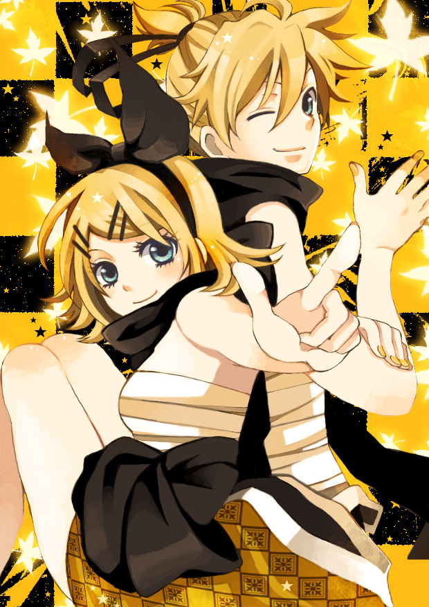 blue_eyes, hair_ornament, hair_ribbon, hairclip, japanese_clothes, kagamine_len, kagamine_rin, ribbon