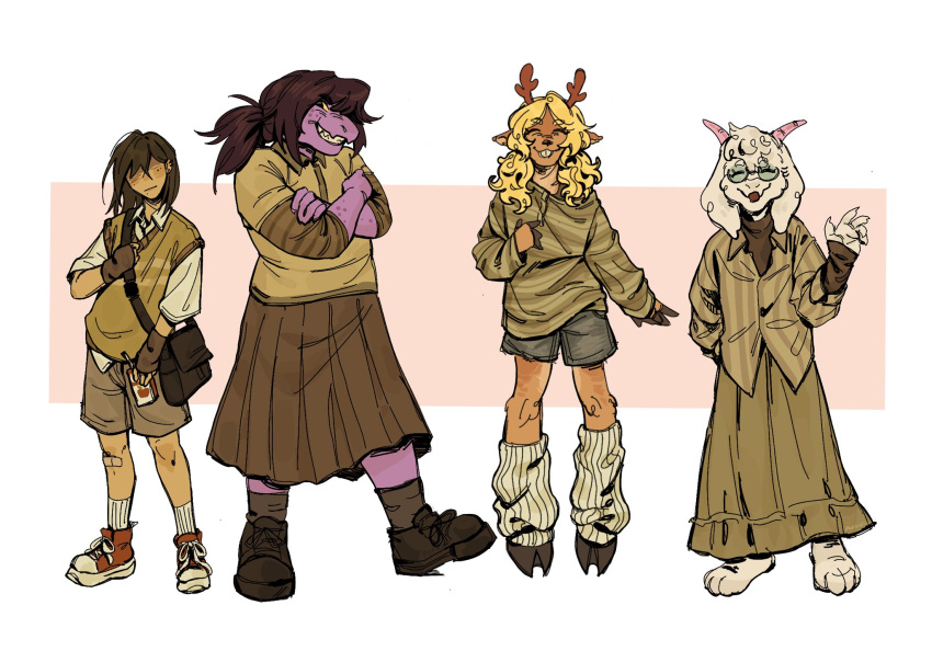 1boy, 1other, 2girls, animal_ears, antlers, bag, black_bag, black_shirt