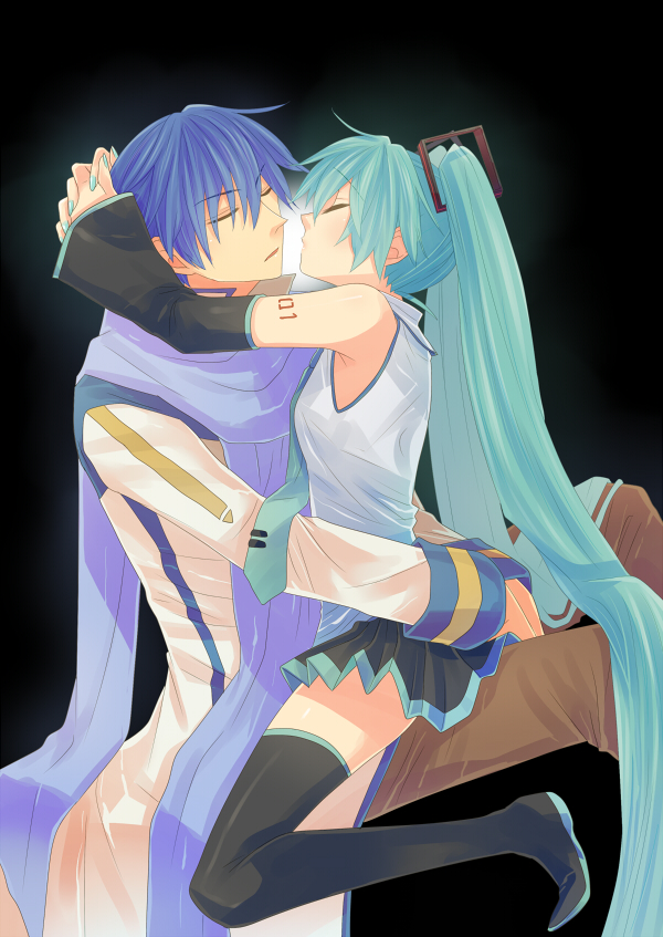 1girl, aqua_hair, bad_id, blue_hair, closed_eyes, couple, detached_sleeves, eyes_closed
