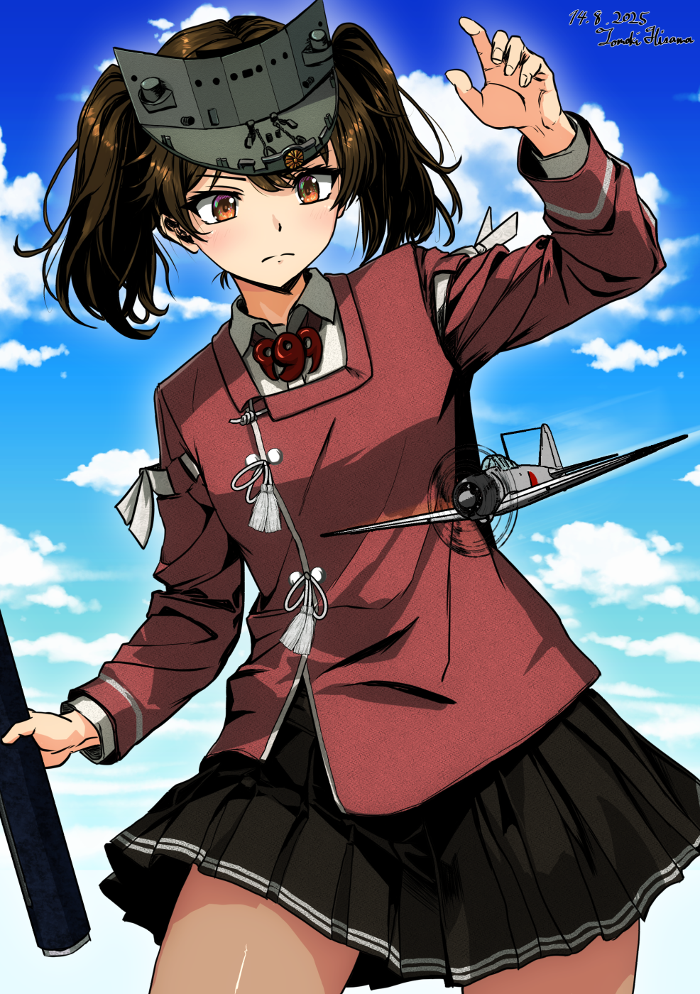 1girl, aircraft, airplane, black_skirt, brown_eyes, brown_hair, highres, hisamatomoki