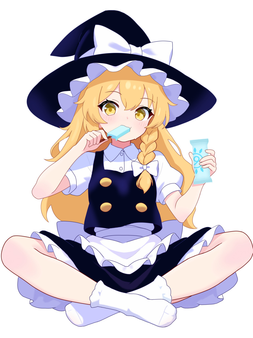 1girl, absurdres, apron, black_hat, black_skirt, black_vest, blonde_hair, bow, braid, circled_9, crossed_legs, eating, food, food_in_mouth, frilled_hat, frilled_skirt, frills, hair_bow, hat, hat_bow, highres, holding, holding_food, holding_popsicle, kirisame_marisa, long_hair, melting_popsicle, popsicle, popsicle_in_mouth, qing_zhanglao, shirt, side_braid, simple_background, skirt, socks, solo, touhou, vest, white_apron, white_background, white_bow, white_shirt, white_socks, witch_hat, yellow_eyes