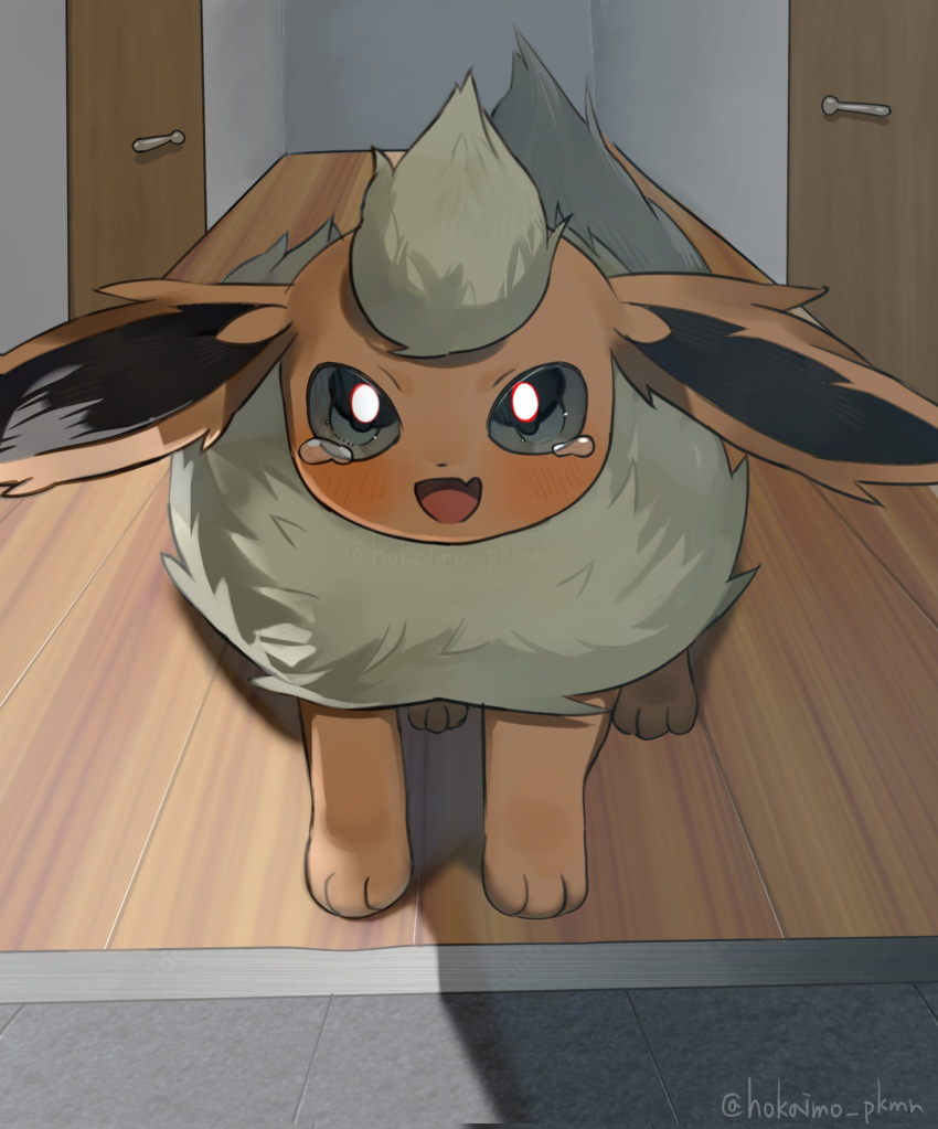 animal_focus, blush, flareon, floor, full_body, highres, hokaimo_pkmn, indoors, looking_at_viewer, no_humans, open_mouth, pokemon, pokemon_(creature), pokemon_focus, smile, tail, tearing_up, tears, wooden_floor