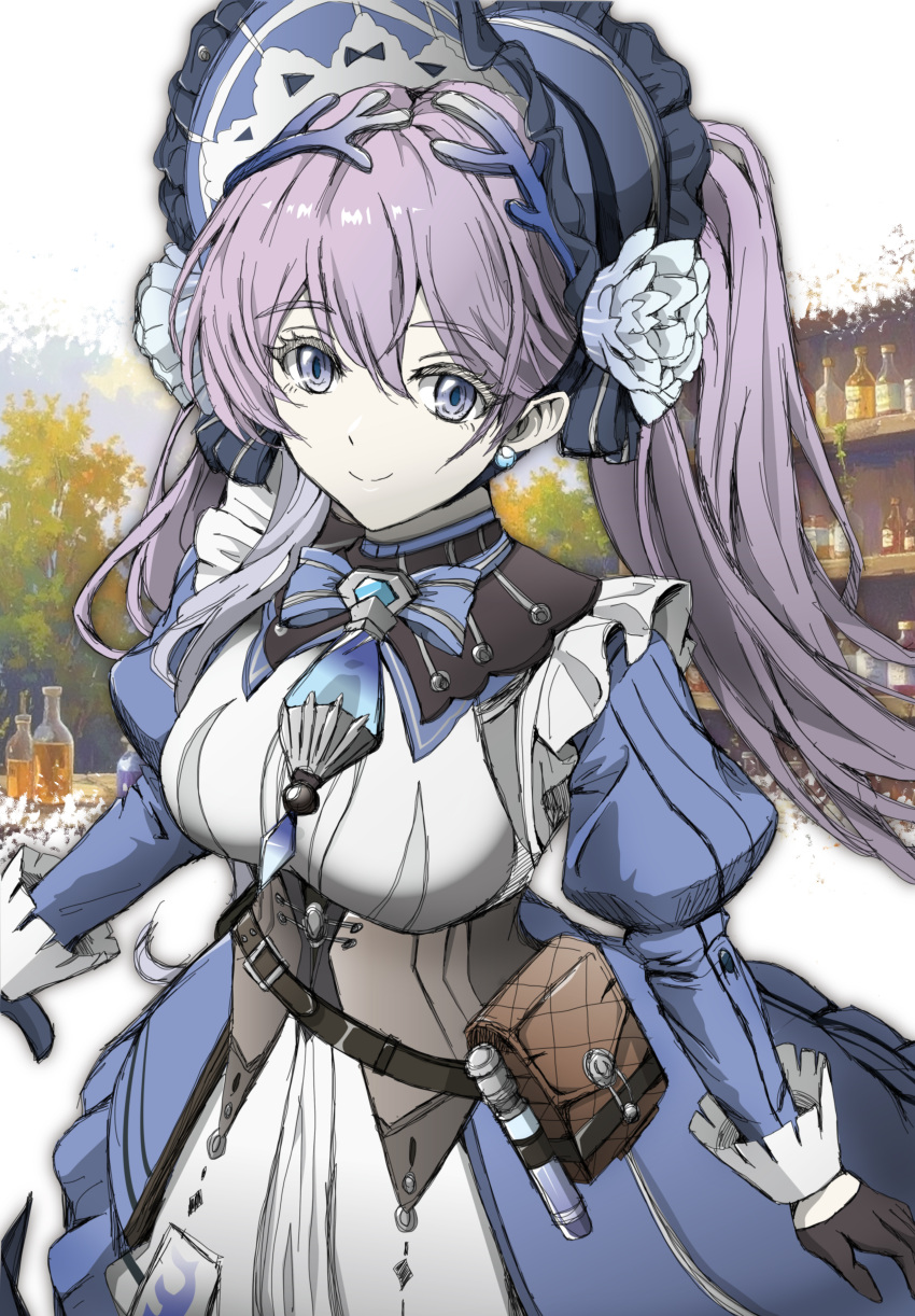 1girl, absurdres, black_gloves, blue_bow, blue_bowtie, blue_dress, blue_eyes, bonnet