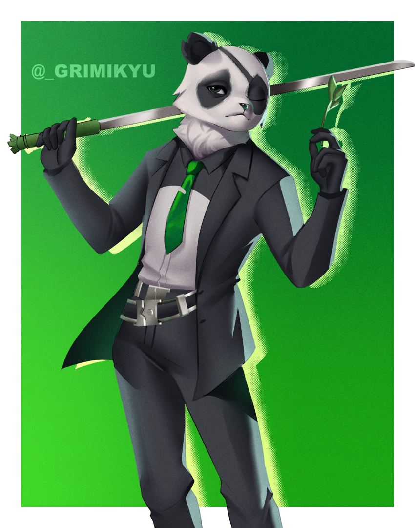 1boy, absurdres, agent_patch_(fortnite), animal_ears, artist_name, black_pants, black_suit, closed_mouth, english_commentary, fortnite, furry, furry_male, green_necktie, grimikyu, highres, holding, holding_sword, holding_weapon, katana, looking_at_viewer, male_focus, necktie, one_eye_closed, over_shoulder, panda_boy, panda_ears, pants, suit, sword, sword_over_shoulder, twitter_username, weapon, weapon_over_shoulder