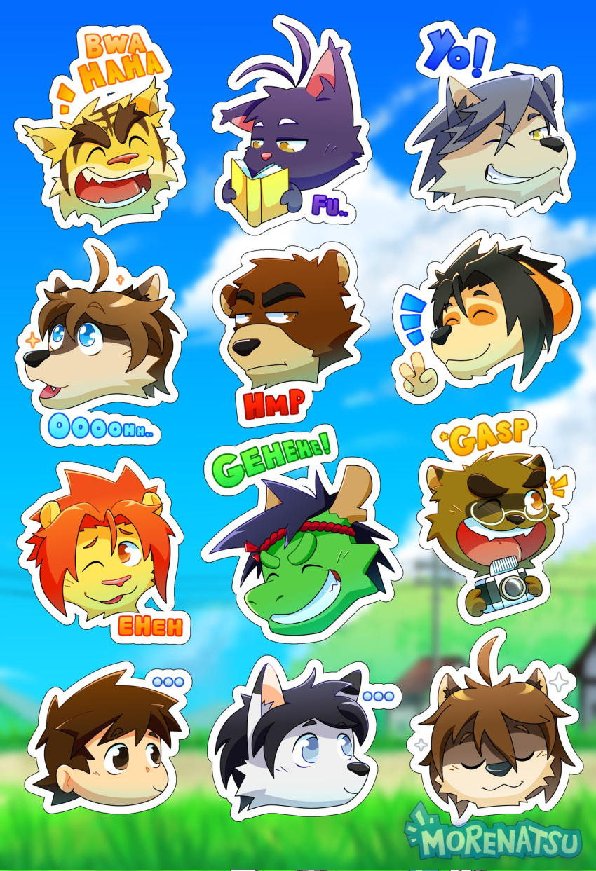 ..., 6+boys, ahoge, animal_ears, bear_boy, bear_ears, black_hair, brown_fur
