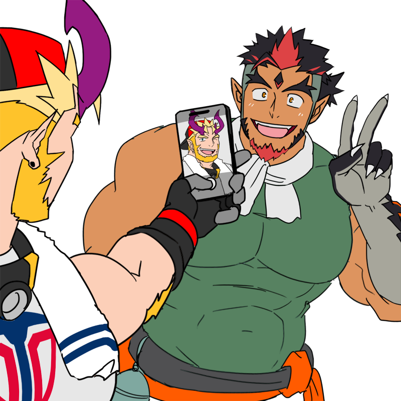 2boys, absol_(dkqthf), beak, beard, blonde_hair, braid, cellphone, commentary_request, copyright_request, facial_hair, green_eyes, horns, jersey_devil_(housamo), kumano_gongen_(housamo), low_ponytail, multicolored_hair, multiple_boys, orange_eyes, phone, pointy_ears, ponytail, side_ponytail, single_braid, smartphone, tokyo_afterschool_summoners, towel, white_hair