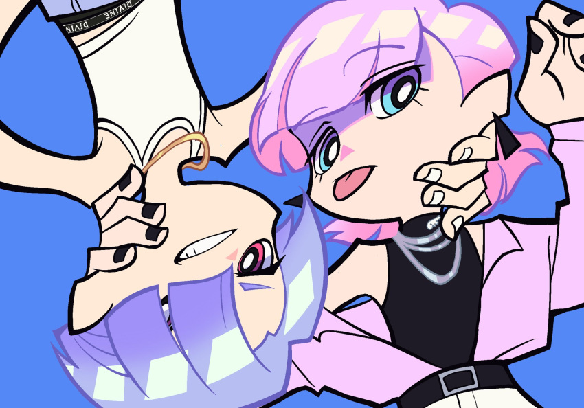 2boys, bishounen, black_shirt, blue_eyes, blue_hair, blurry, blurry_background, brothers