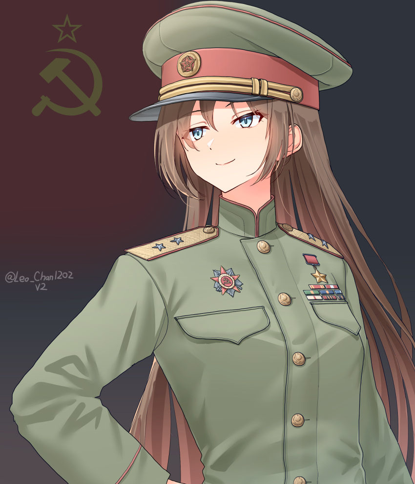 1girl, absurdres, aqua_eyes, artist_name, brown_hair, closed_mouth, commentary, flag_background, green_hat, green_jacket, hammer_and_sickle, hand_on_own_hip, hat, highres, jacket, leochan1202, long_hair, long_sleeves, looking_to_the_side, medal, military, military_rank_insignia, military_uniform, original, peaked_cap, red_star, ribbon_bar, shoulder_boards, sidelocks, smile, solo, soviet_army, soviet_flag, star_(symbol), upper_body, very_long_hair, world_war_ii