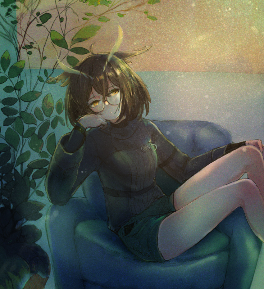 1girl, ahoge, alternate_costume, arknights, armchair, bare_legs, breasts, brown_hair, chair, closed_mouth, commentary, elbow_gloves, feather_hair, feet_out_of_frame, film_grain, glasses, gloves, grey_shorts, grey_sweater, hair_between_eyes, hand_on_own_knee, head_rest, heavy_film_grain, highres, hizume_(hizumium), layered_clothes, layered_sleeves, light_frown, looking_at_viewer, medium_hair, on_chair, owl_ears, owl_girl, plant, rhine_lab_logo, rimless_eyewear, round_eyewear, short_shorts, shorts, sidelocks, silence_(arknights), sitting, small_breasts, solo, sweater, thighs, turtleneck, turtleneck_sweater, yellow_eyes