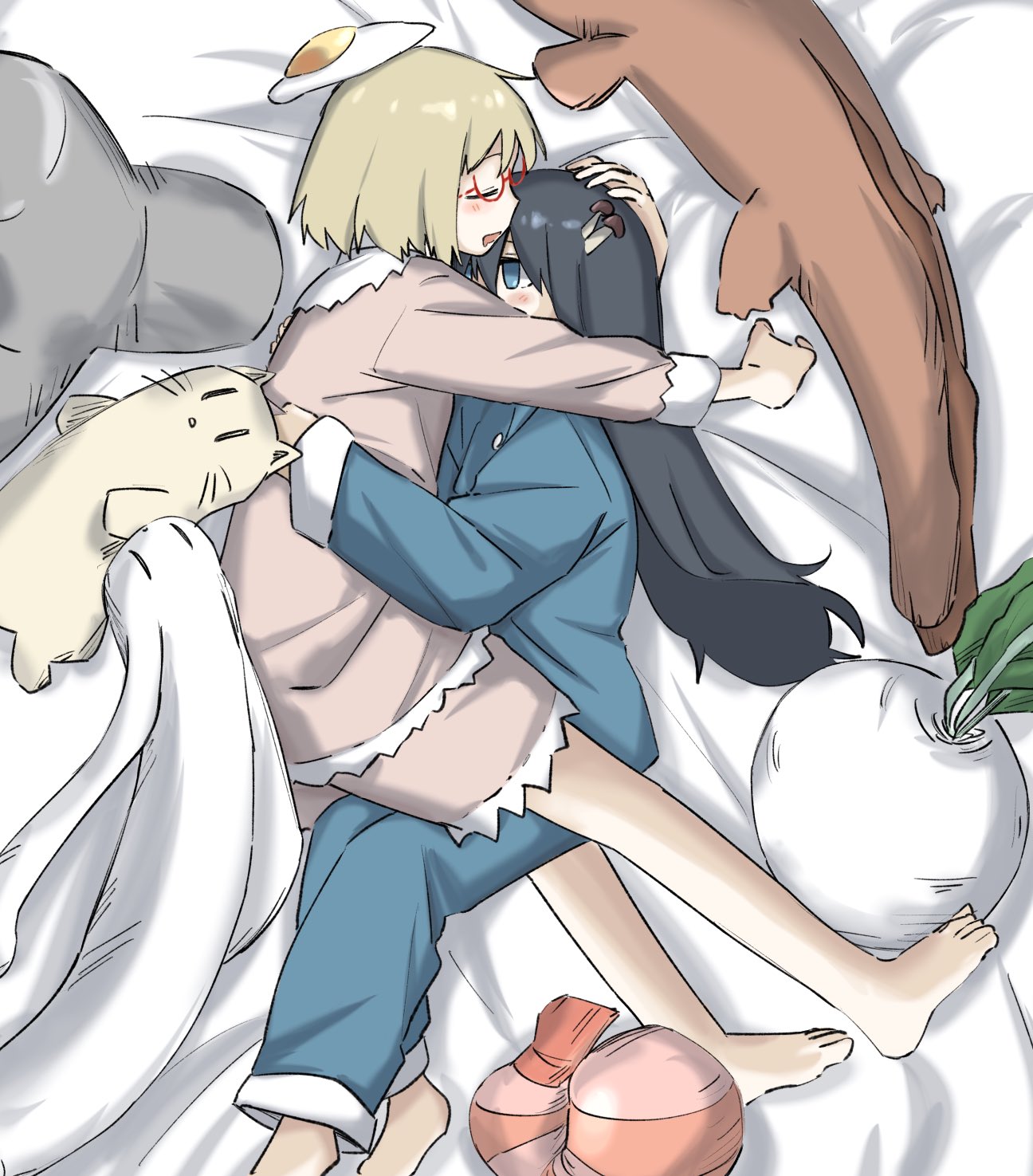 2girls, barefoot, black_hair, blonde_hair, blue_eyes, blue_pants, blue_shirt, closed_eyes