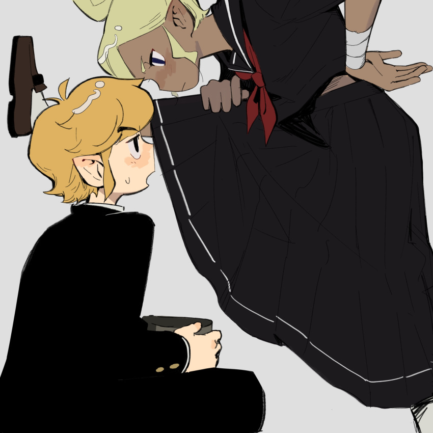1boy, 1girl, alternate_costume, assertive_female, black_eyes, black_jacket, black_sailor_collar, black_shirt