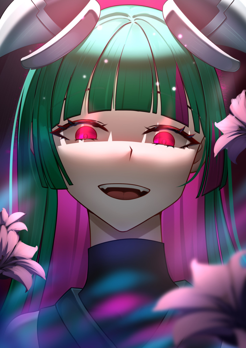 1girl, absurdres, evil_smile, green_hair, highres, lilin_(nyanko_daisensou), long_hair, looking_at_viewer, navel, nocotomezo, nyanko_daisensou, purple_hair, smile, solo, violet_eyes