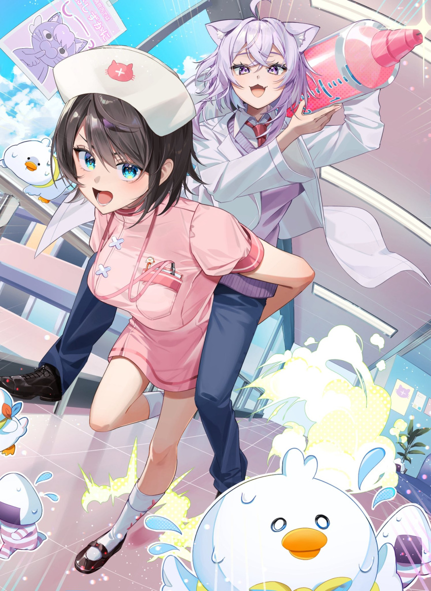 :3, :d, ahoge, alternate_costume, amesui, black_hair, black_pants, black_shoes