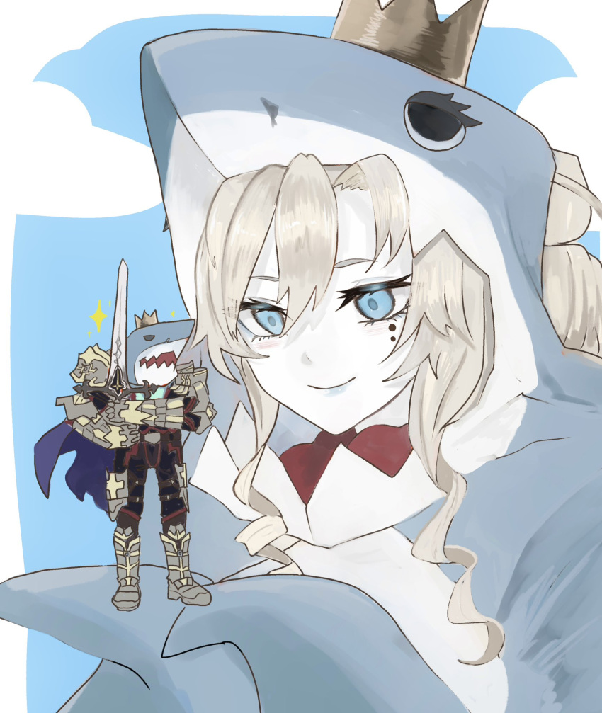 1boy, 1girl, animal_costume, armor, balmung_(fate), blue_cape, blue_eyes, cape