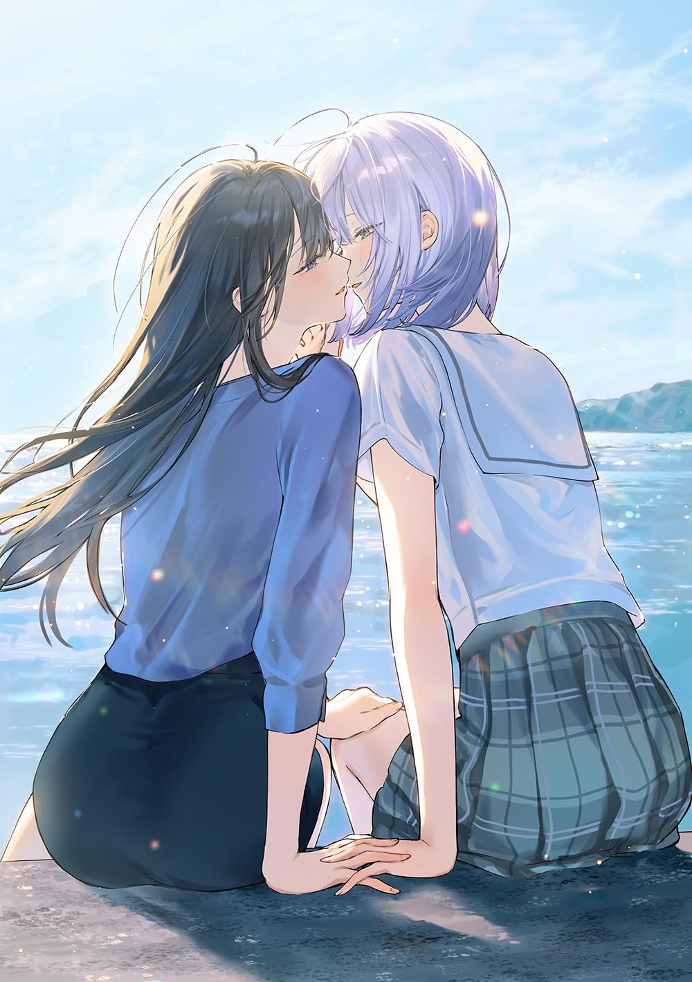 2girls, black_hair, eye_contact, hand_on_another's_knee, highres, hitozuma_kyoushi_ga_oshiego_no_joshikousei_ni_dohamari_suru_hanashi, ichigohara_itsuki, imminent_kiss