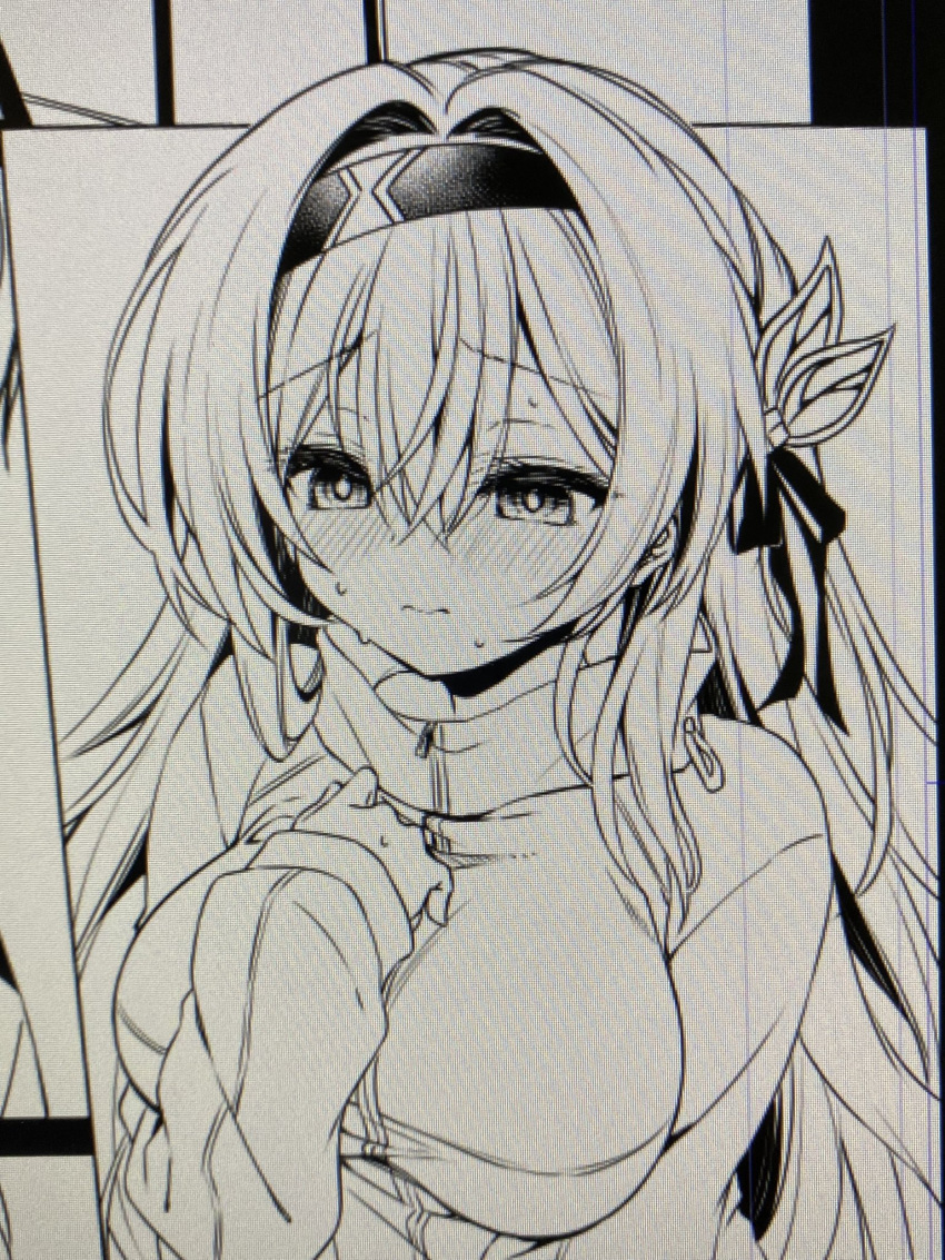 black_hairband, black_ribbon, blush, breasts, firefly_(honkai:_star_rail), greyscale, hair_between_eyes, hair_intakes