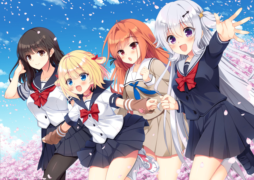 4girls, :d, :o, a-pose, aizawa_yukari, antenna_hair, arm_warmers, arrow_hair_ornament