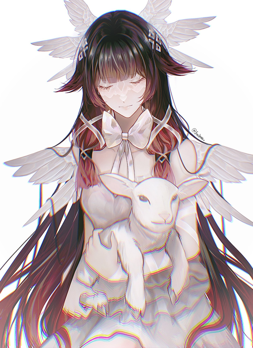 1girl, animal, baby_animal, closed_eyes, columbina_(genshin_impact), eye_mask, fuchuu_(nini), genshin_impact