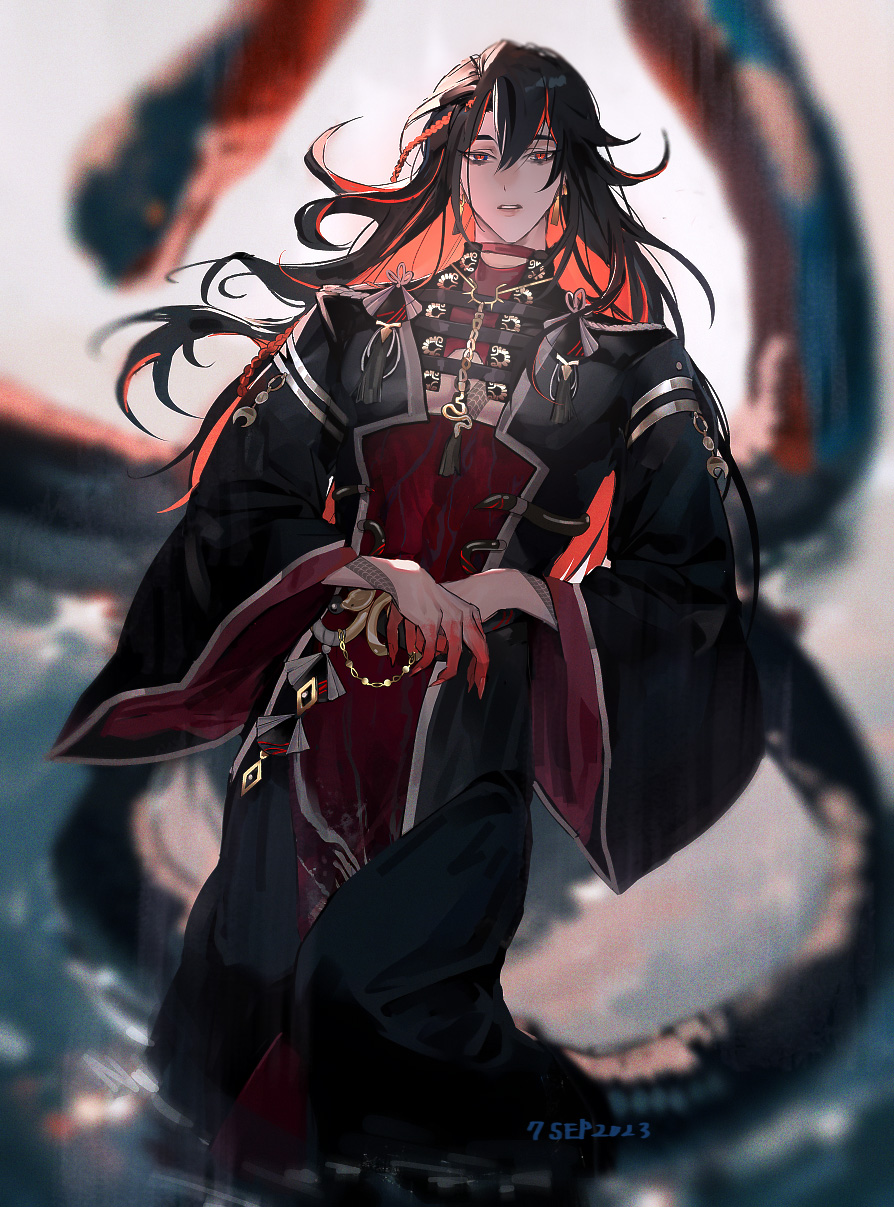 1boy, bishounen, black_hair, black_robe, blood, blood_on_hands, blurry, blurry_background
