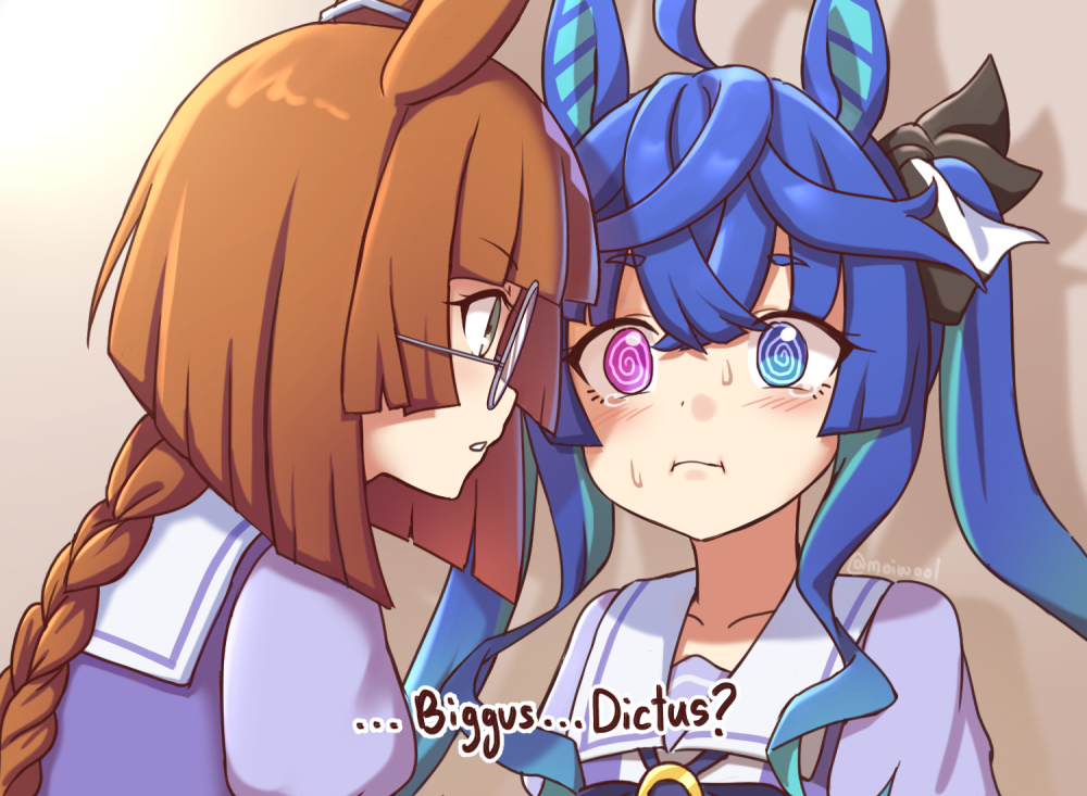 2girls, @_@, animal_ears, aqua_hair, blue_eyes, blue_hair, blush, braid