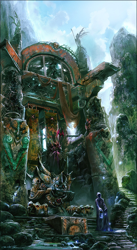 crescent, fantasy, landscape, lantern, makarori_(noah), monster, original, red_eyes
