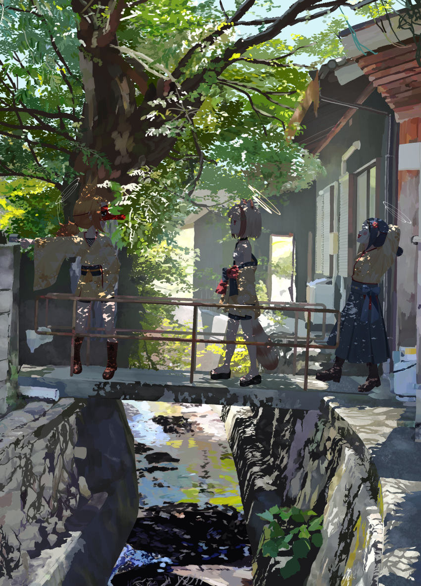 3girls, absurdres, animal_ears, arata_(blue_archive), arms_behind_head, blonde_hair, blue_archive, boots