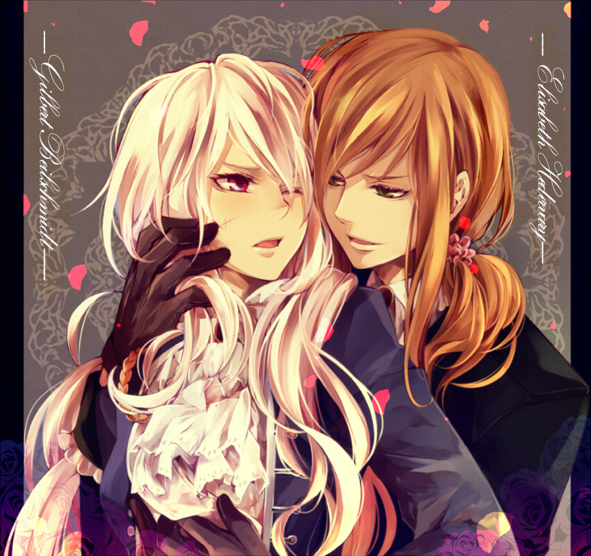 1girl, axis_powers_hetalia, black_gloves, brown_hair, couple, cravat, flower, genderswap