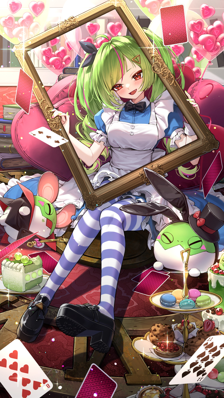 1girl, 2others, :d, absurdres, ahoge, alice_(alice_in_wonderland), alice_(alice_in_wonderland)_(cosplay), apron