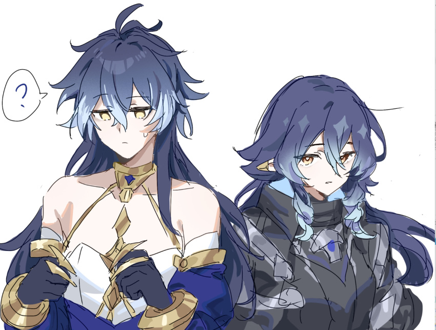 1boy, 1girl, antenna_hair, bare_shoulders, black_coat, blue_hair, chinese_commentary, closed_mouth