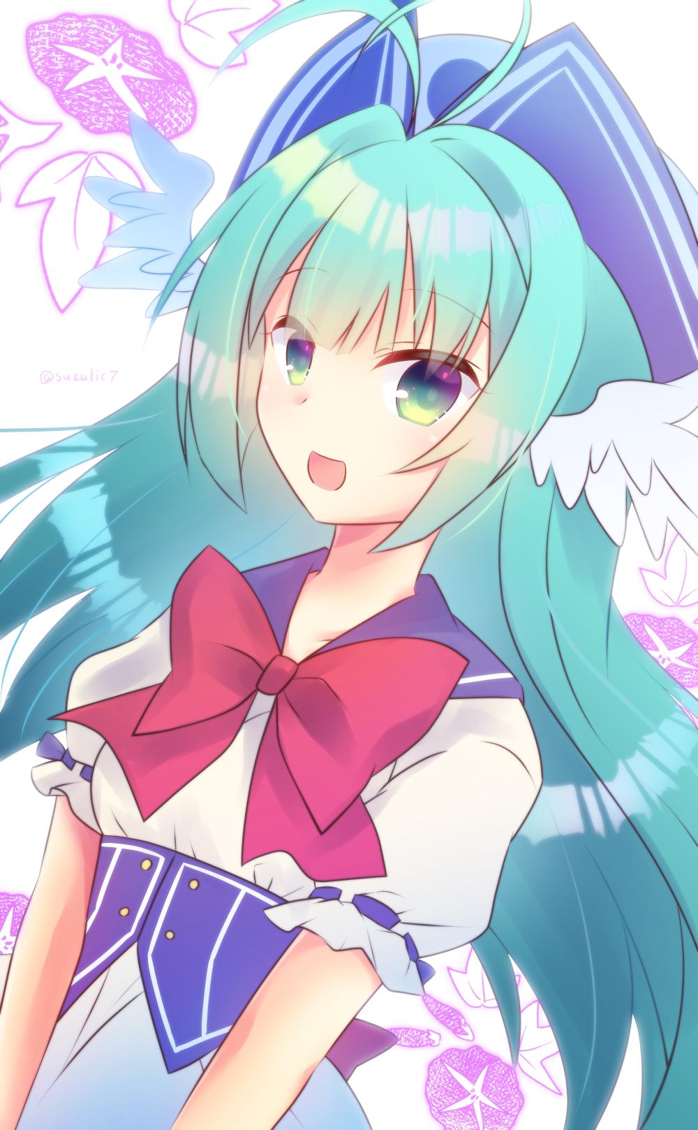 antenna_hair, blue_corset, blue_hat, corset, dress, emil_chronicle_online, fly_fish_alma, green_eyes