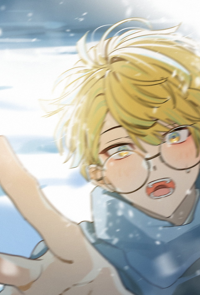 1boy, blonde_hair, blue_eyes, blue_hair, blue_scarf, blurry, blurry_background, blush