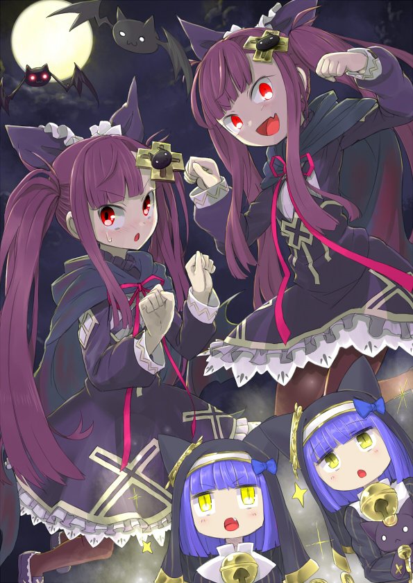4girls, alucard_lore, animal_ear_headwear, bastet_lore, bat_(animal), bell, black_cloak, blue_hair