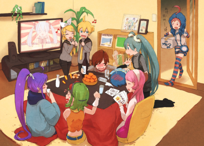 black_legwear, blonde_hair, blue_hair, drunk, everyone, green_hair, gumi, hatsune_miku