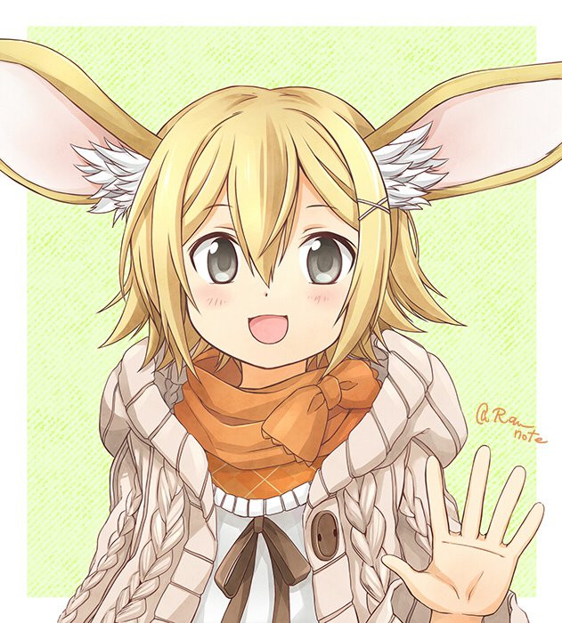 1girl, animal_ears, blonde_hair, brown_ribbon, capelet, emil_chronicle_online, green_background, grey_eyes
