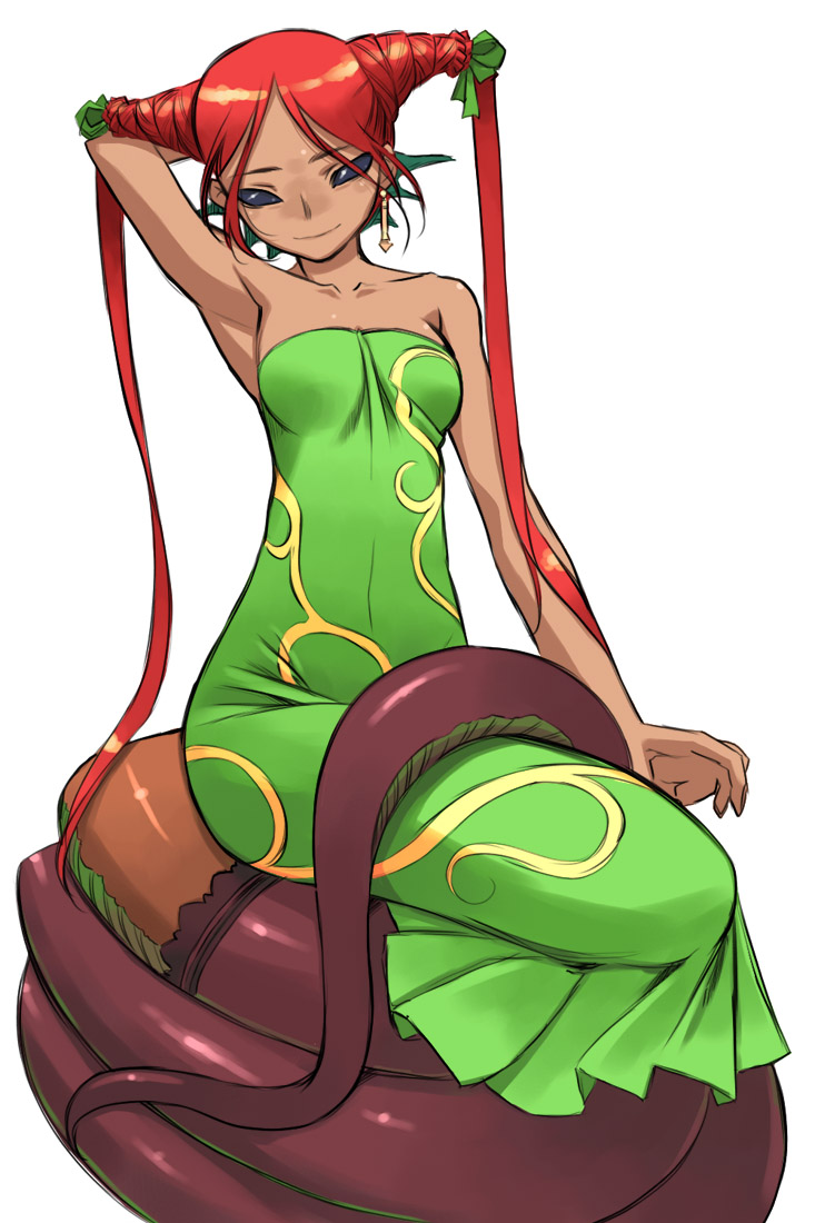 bad_id, bare_shoulders, collarbone, copyright_request, dark_skin, dress, earrings, jewelry, lamia, long_hair, monster_girl, nakamura_tetsuya, red_hair, redhead, smile, snake_tail, solo, thighhighs, zettai_ryouiki