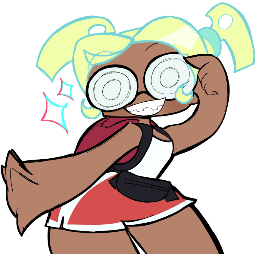 1girl, backpack, bag, beefpattyparty, braces, dark-skinned_female, dark_skin, dolphin_shorts